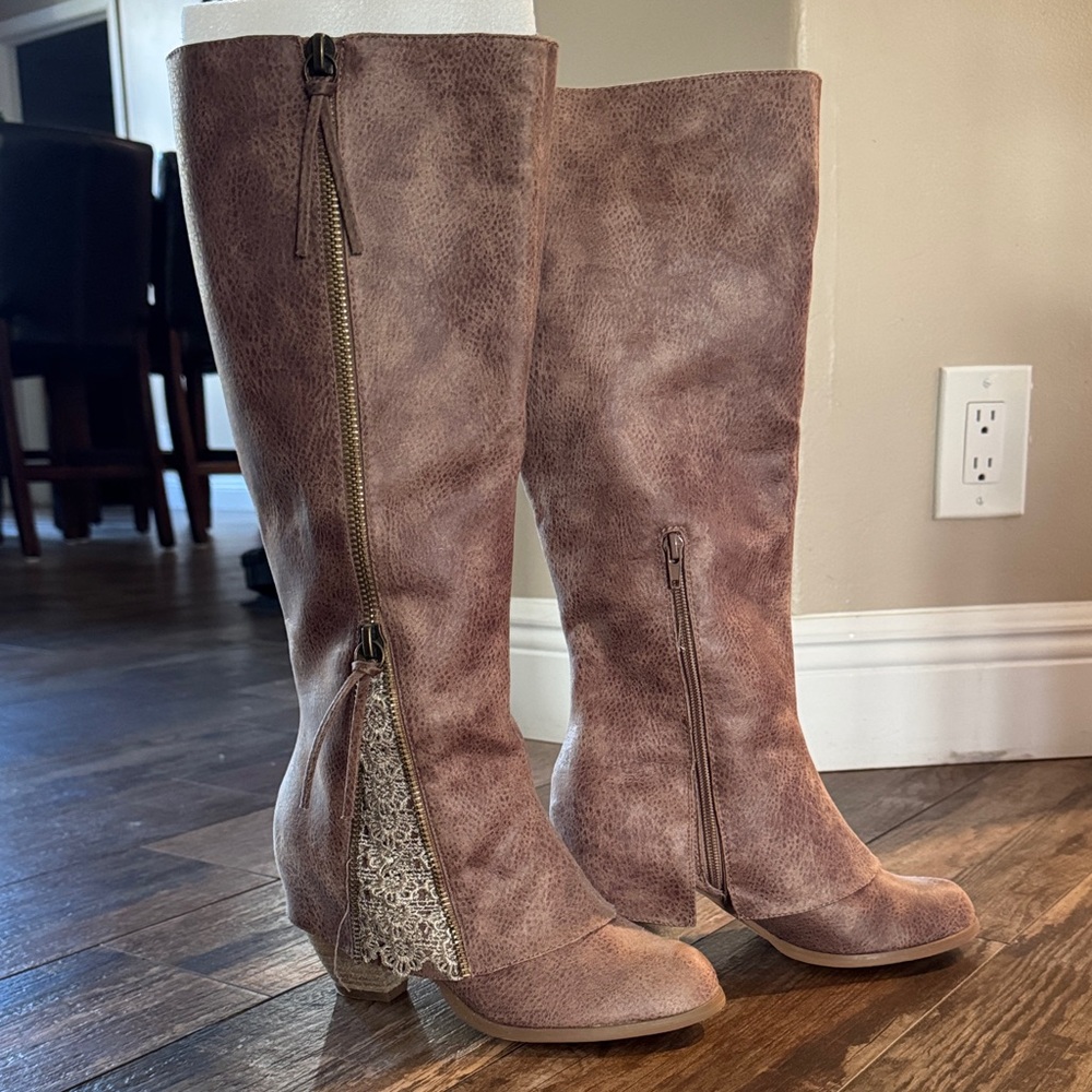Not Rated Tan Heeled Boots with Lace Detail